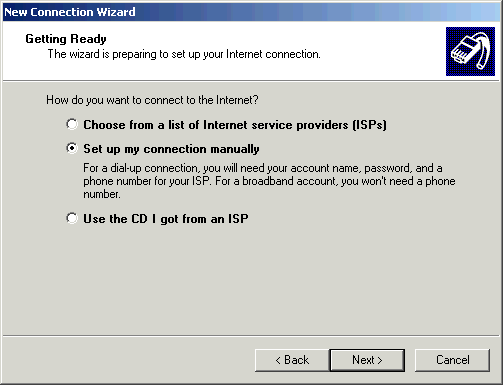 Select Setup my connection manually - click Next